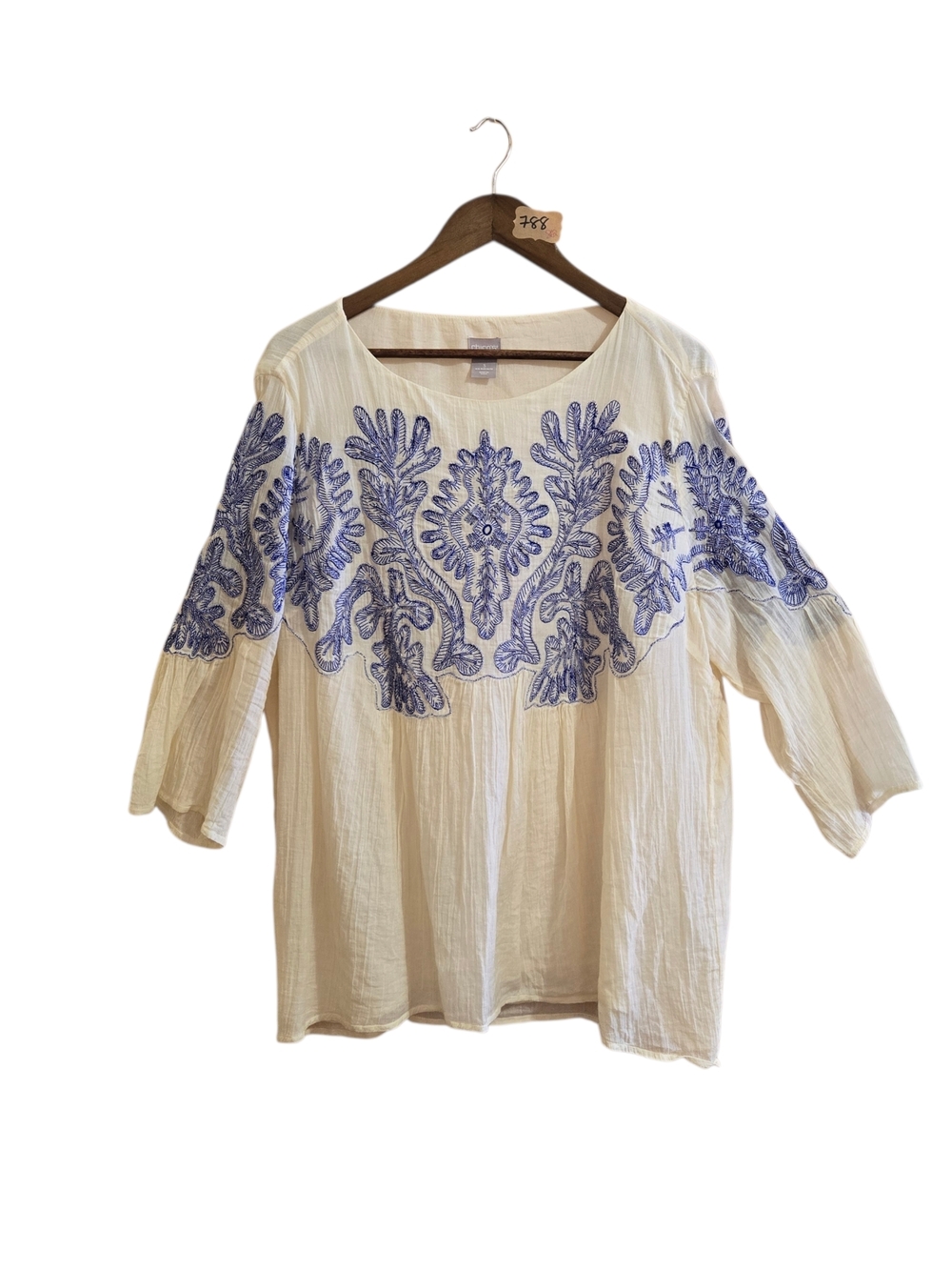 Chicos Womens Blouse Size 3 Longsleeve Blue and Cream Boho Top Hippie Peasant XL